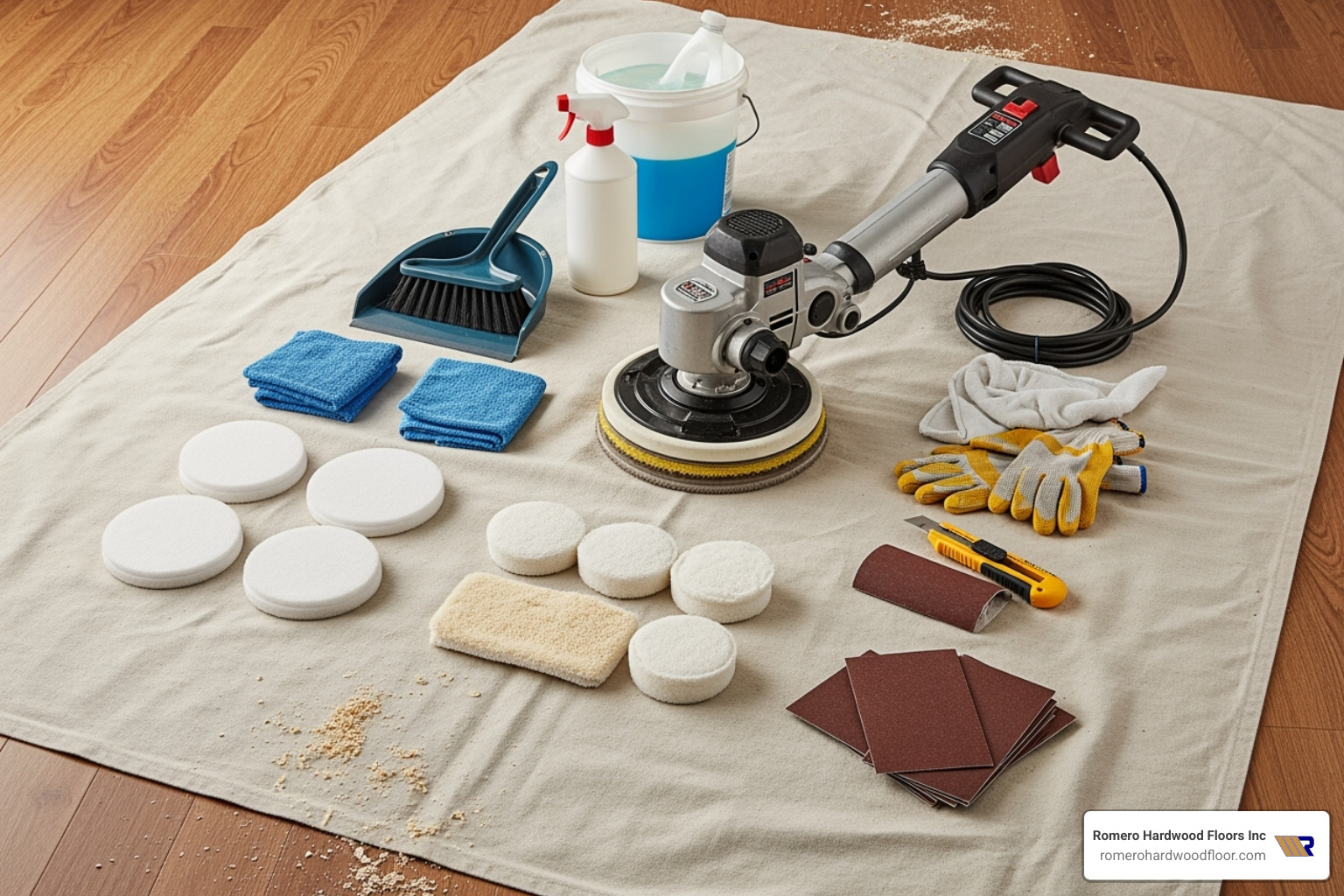 Tools and supplies for hardwood floor buffing laid out on a drop cloth - hardwood floor buffing