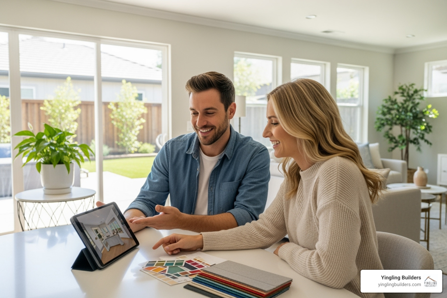 happy couple discussing home design - energy efficient home features