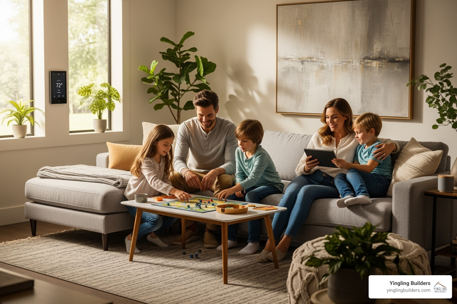 family relaxing in smart home - energy efficient home features