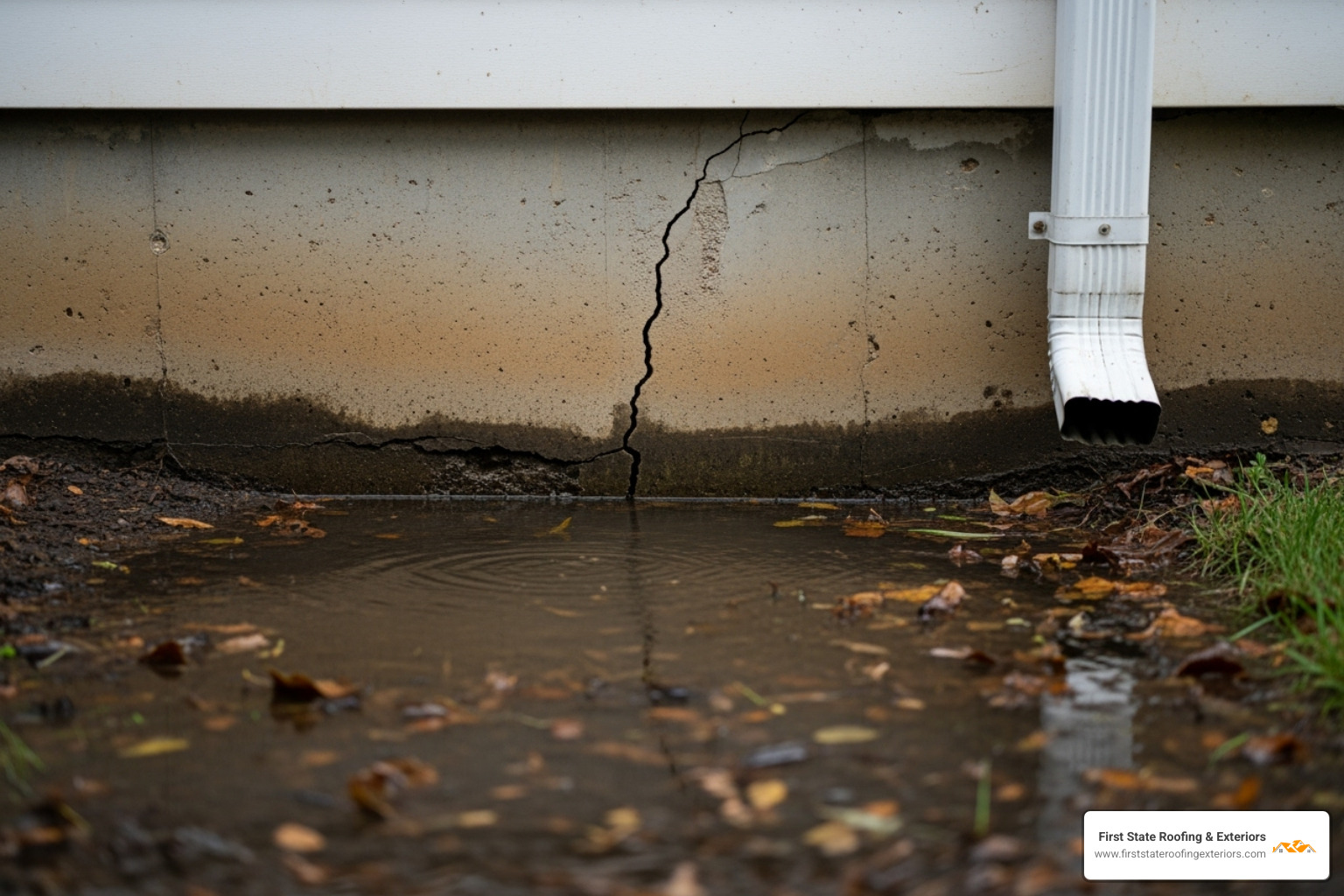 water pooling around home's foundation, causing visible crack - roof and guttering repairs near me
