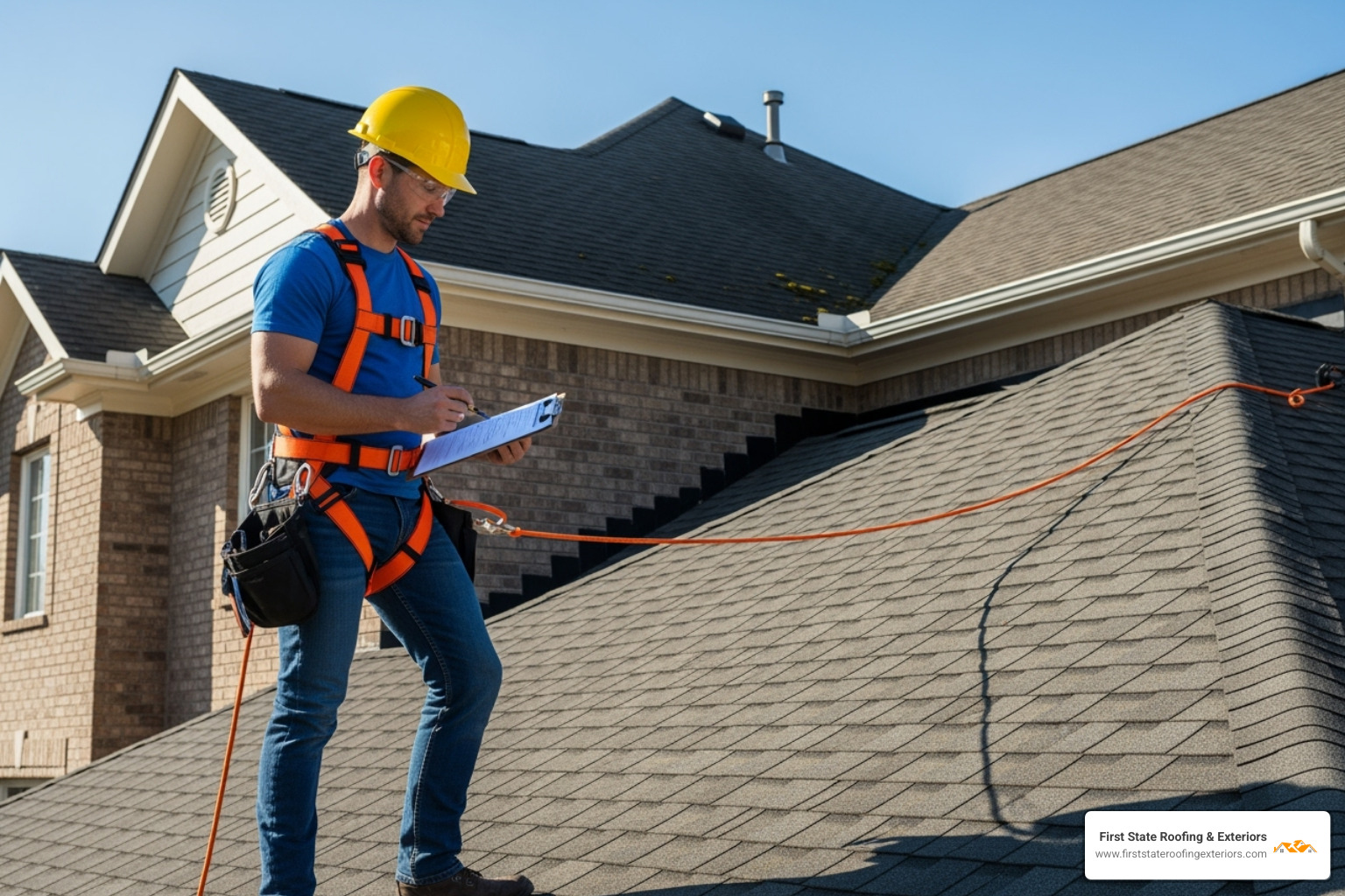 contractor performing routine roof inspection with checklist and safety harness - roof and guttering repairs near me