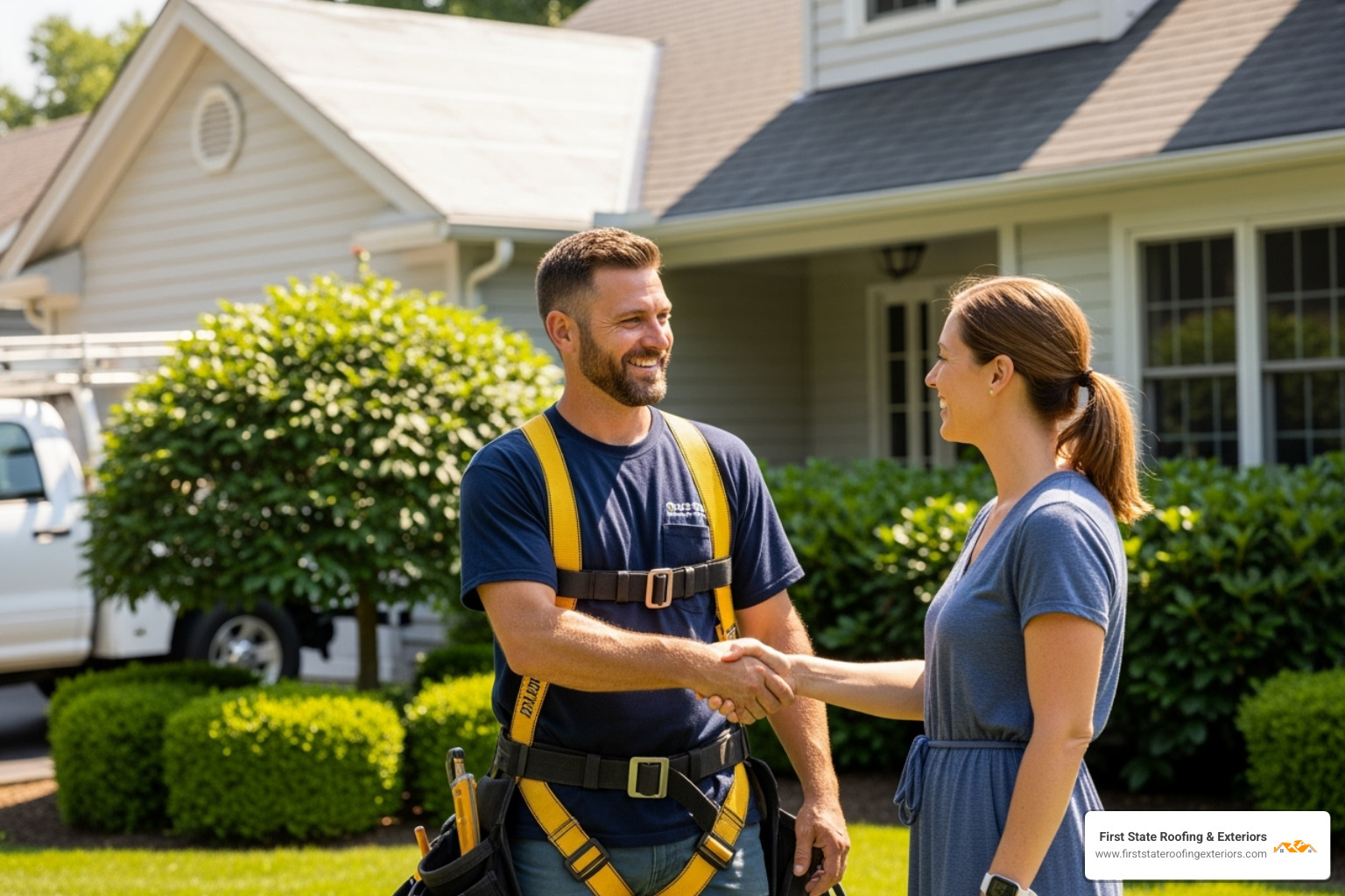 friendly contractor shaking hands with smiling homeowner in Smyrna, DE with safety harness - roof and guttering repairs near me