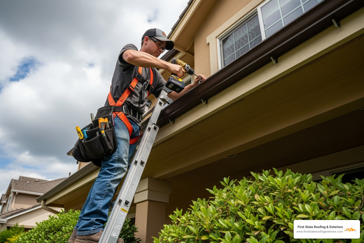 professional contractor installing new seamless gutter section with safety harness - roof and guttering repairs near me