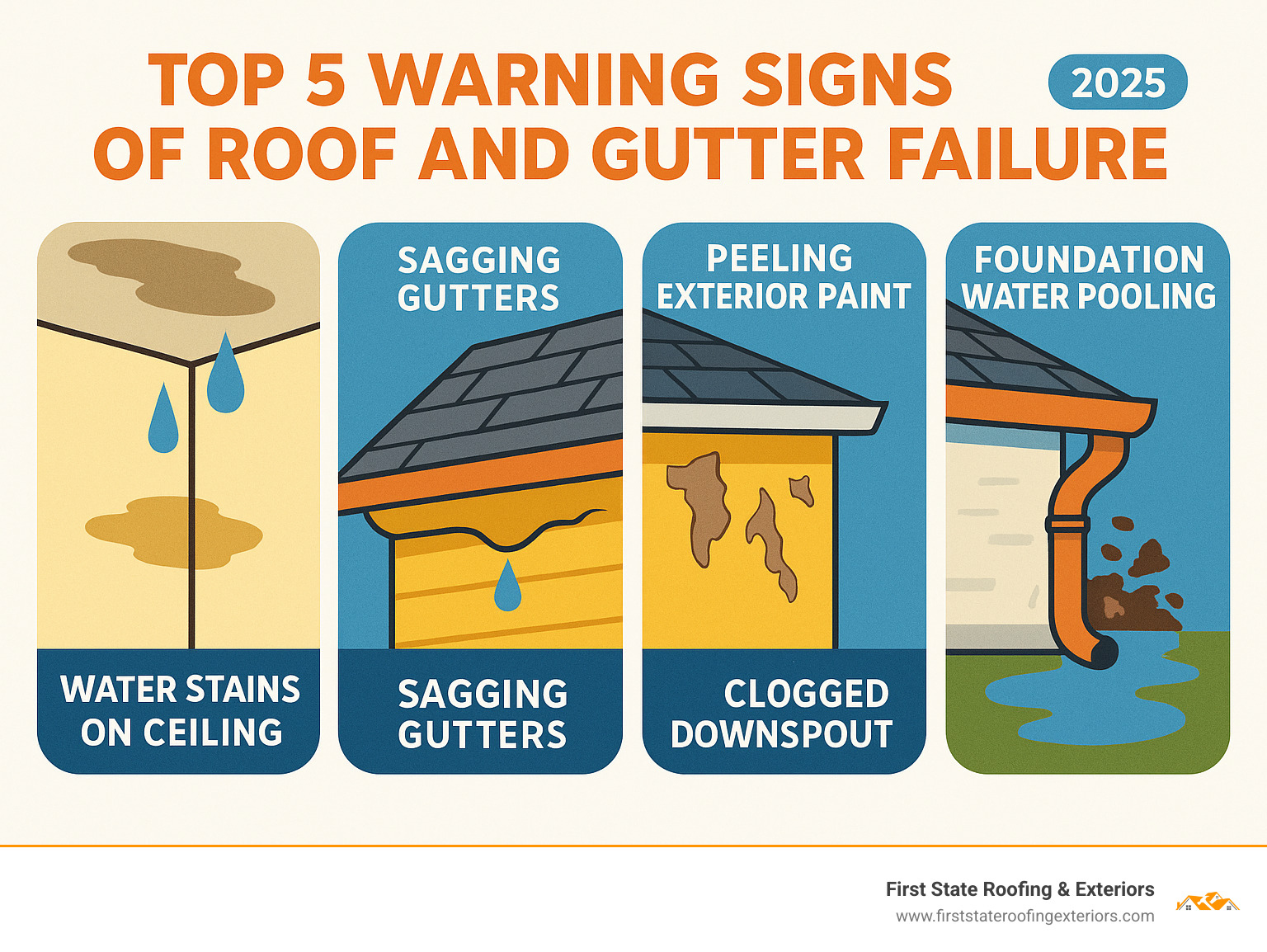 Infographic showing the top 5 warning signs of roof and gutter failure including water stains on ceilings, sagging gutters, peeling exterior paint, clogged downspouts with debris overflow, and foundation water pooling - roof and guttering repairs near me infographic 