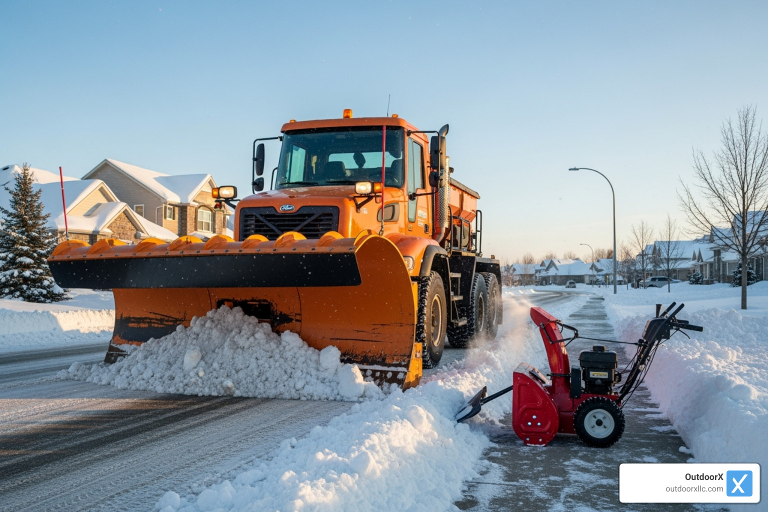 A large snowplow next to a smaller snow blower to show scale difference - how to get commercial snow removal contracts