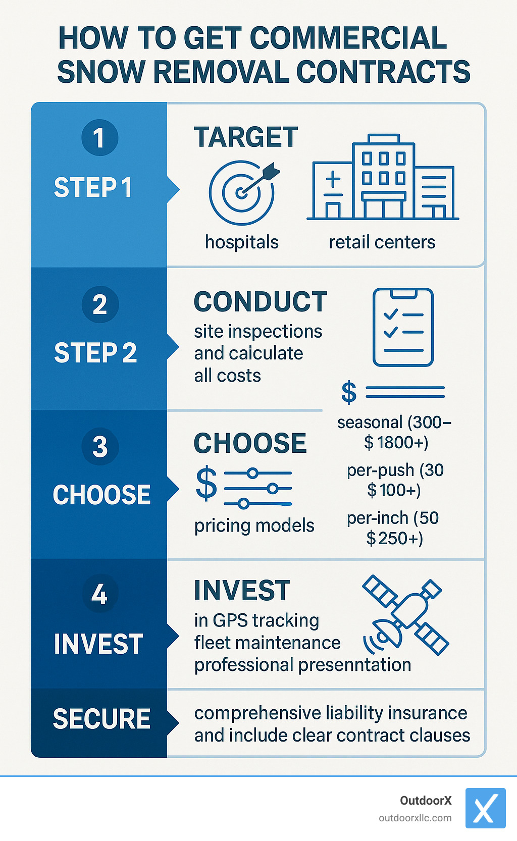 Infographic showing the 5-step process for winning commercial snow removal contracts: Step 1 - Target hospitals, retail centers, and office parks; Step 2 - Conduct site inspections and calculate all costs including labor, equipment, and materials; Step 3 - Choose pricing model (seasonal $300-$1800+, per-push $30-$100+, or per-inch $50-$250+); Step 4 - Invest in GPS tracking, fleet maintenance, and professional presentation; Step 5 - Secure comprehensive liability insurance and include clear contract clauses - how to get commercial snow removal contracts infographic 