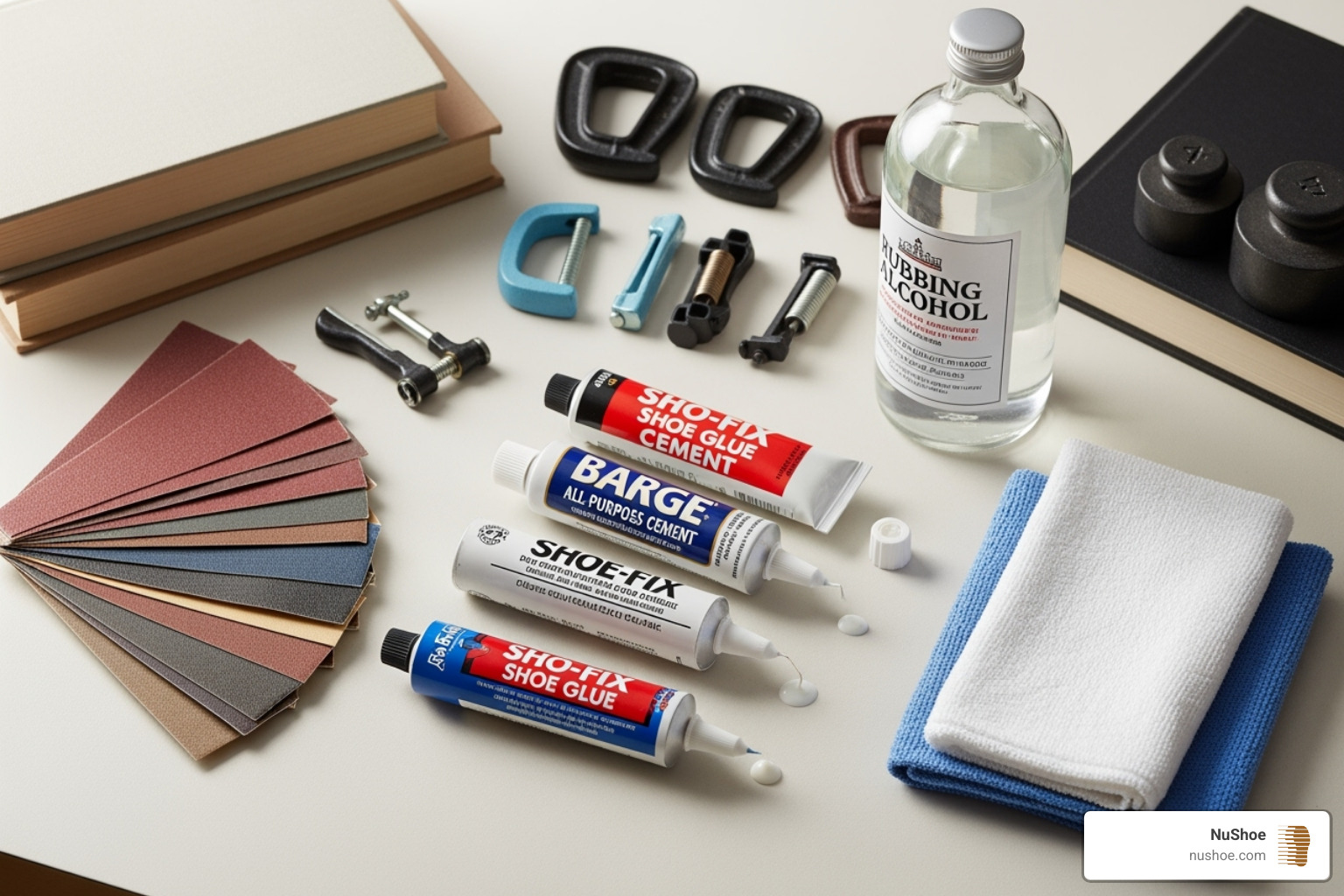 Necessary supplies laid out: various shoe glues, sandpaper, rubbing alcohol, rags, clamps or heavy books - glue a shoe sole