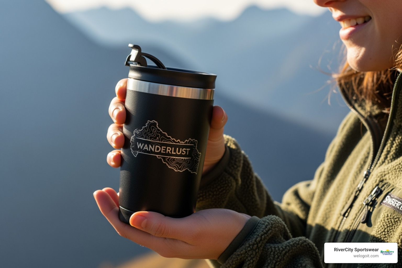 person using custom travel mug - custom promotional drinkware