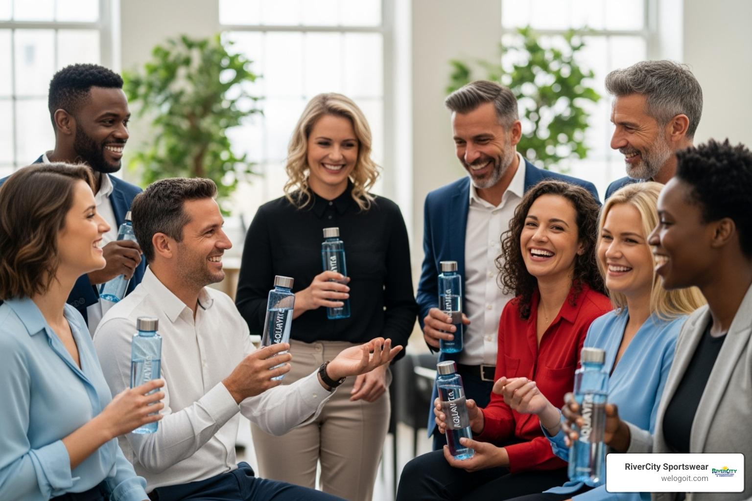 happy team with branded water bottles - custom promotional drinkware