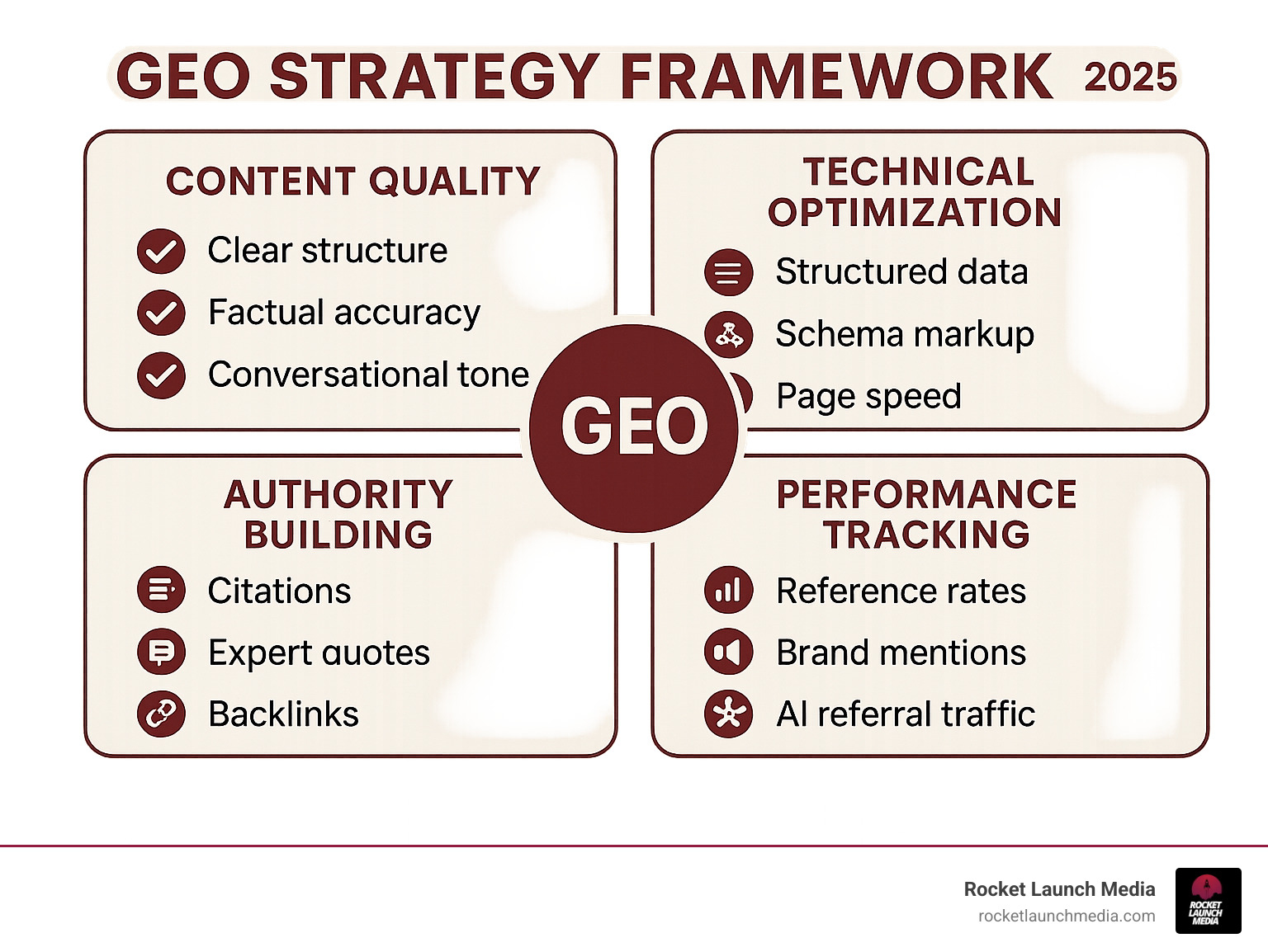 Comprehensive infographic showing the GEO strategy framework with four main pillars: Content Quality (clear structure, factual accuracy, conversational tone), Technical Optimization (structured data, schema markup, page speed), Authority Building (citations, expert quotes, backlinks), and Performance Tracking (reference rates, brand mentions, AI referral traffic) - generative engine optimization strategy infographic 