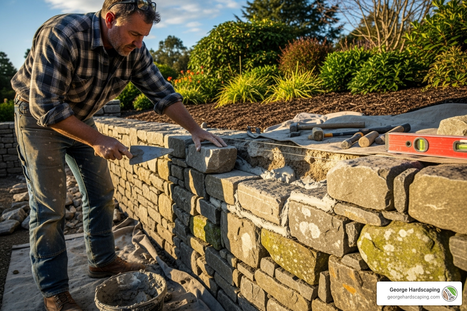 Mason repointing and resetting stones on a retaining wall with proper drainage upgrades mason repairing stone retaining wall - stone retaining wall repair near me