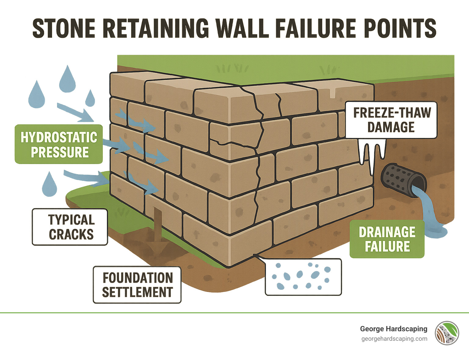 Infographic: Typical retaining wall failure points, drainage pathways, and pressure zones Infographic showing common stone retaining wall failure points including hydrostatic pressure zones, typical crack patterns, drainage failure areas, foundation settlement points, and freeze-thaw damage locations with arrows indicating water flow and pressure directions - stone retaining wall repair near me infographic