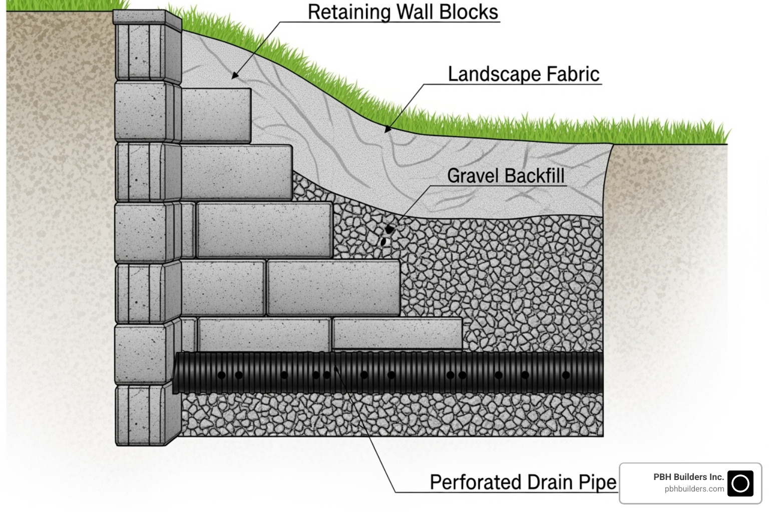 Cross-section diagram showing proper drainage installation with gravel, drain pipe, and fabric - Wood retaining wall