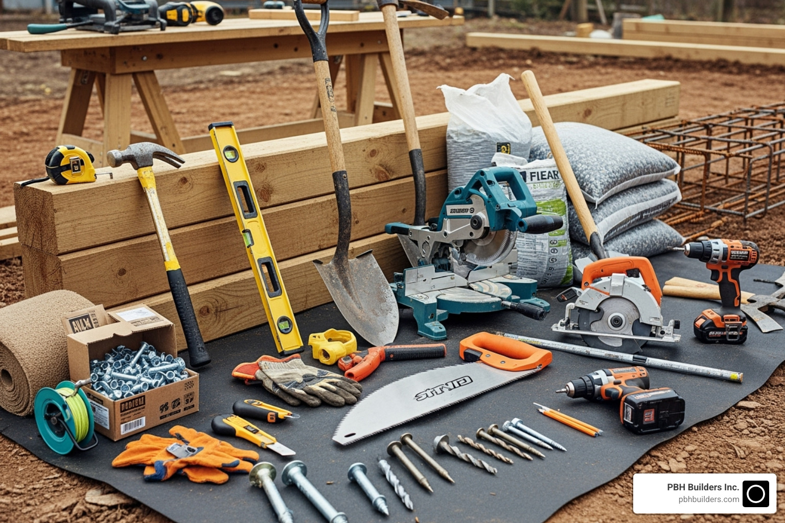 Tools and materials laid out for a wood retaining wall project - Wood retaining wall