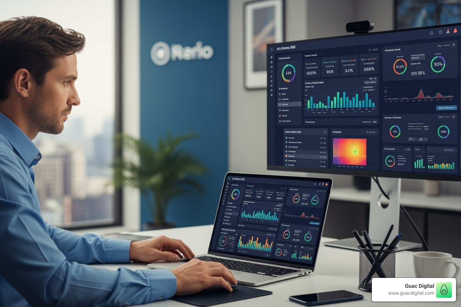 a marketer at a dashboard analyzing AI-driven SEO data - artificial intelligence seo