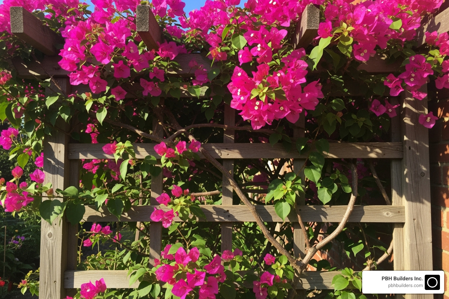 A blooming Bougainvillea climbing a trellis - Drought tolerant plants San Diego