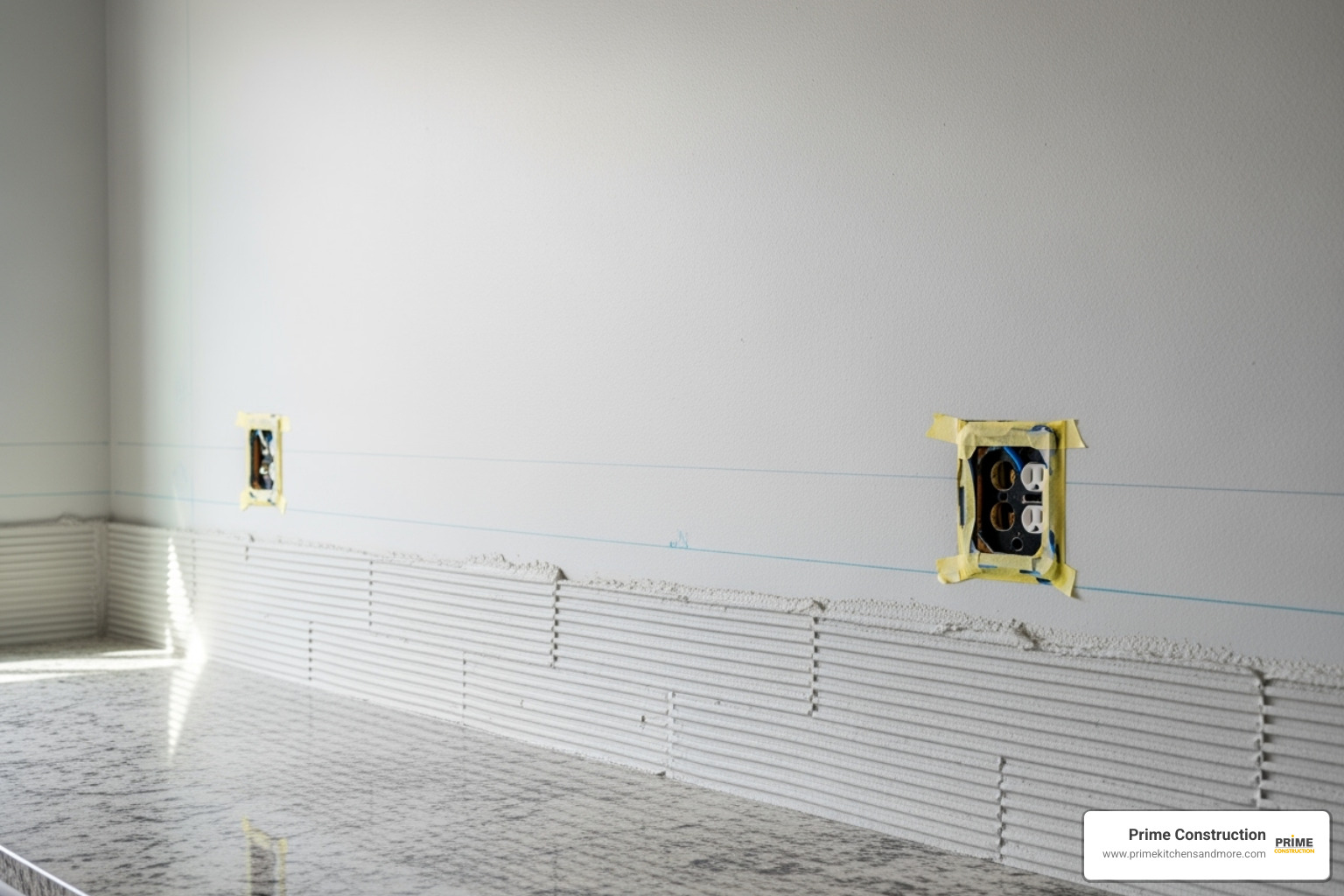 Clean, smooth wall ready for tile - setting glass tile backsplash