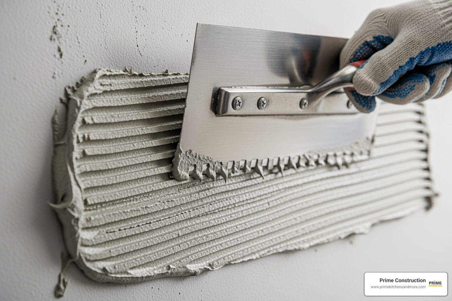 thin-set being applied with a V-notched trowel - setting glass tile backsplash