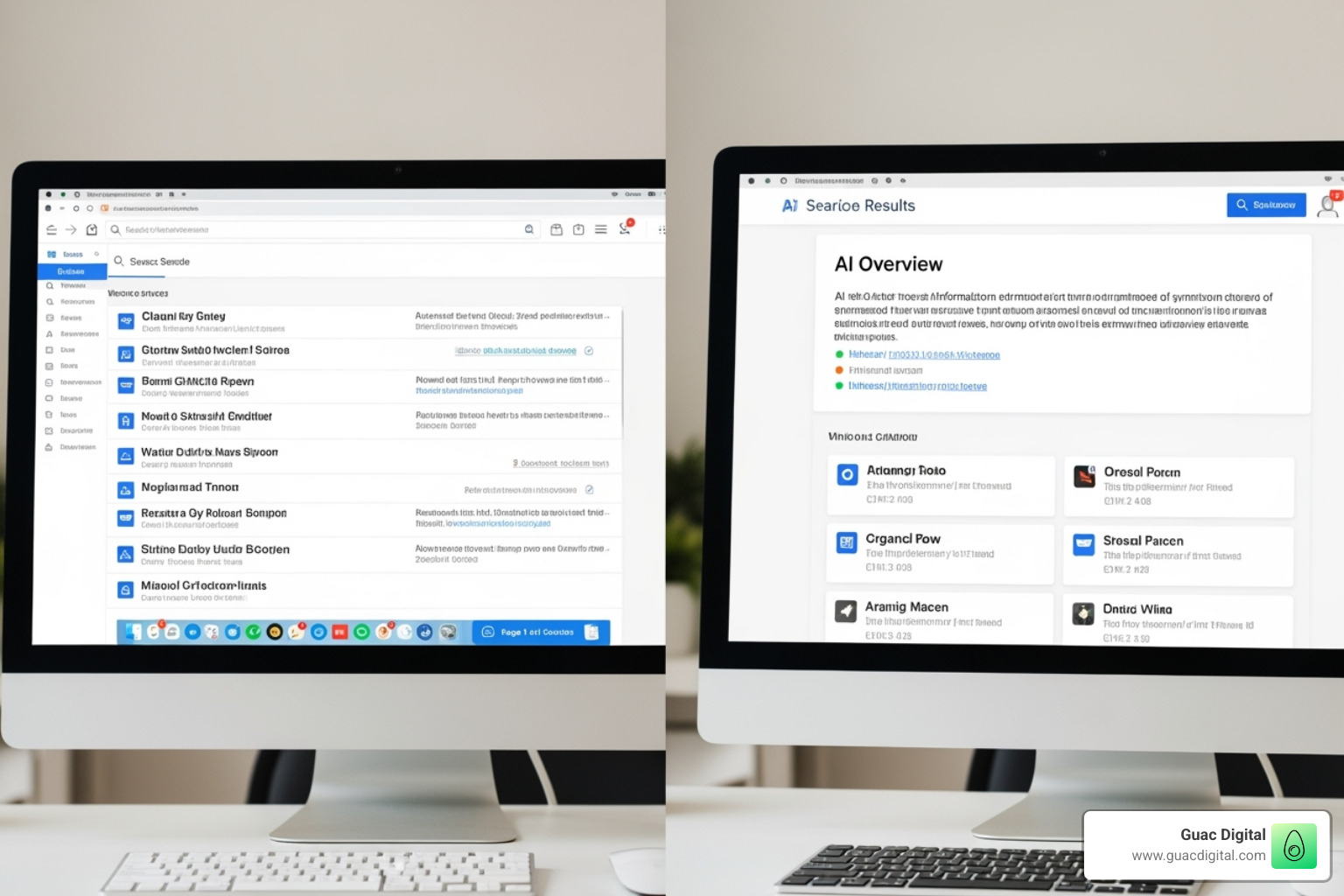 comparing a traditional 10-blue-links SERP with a modern SERP featuring an AI Overview - artificial intelligence seo