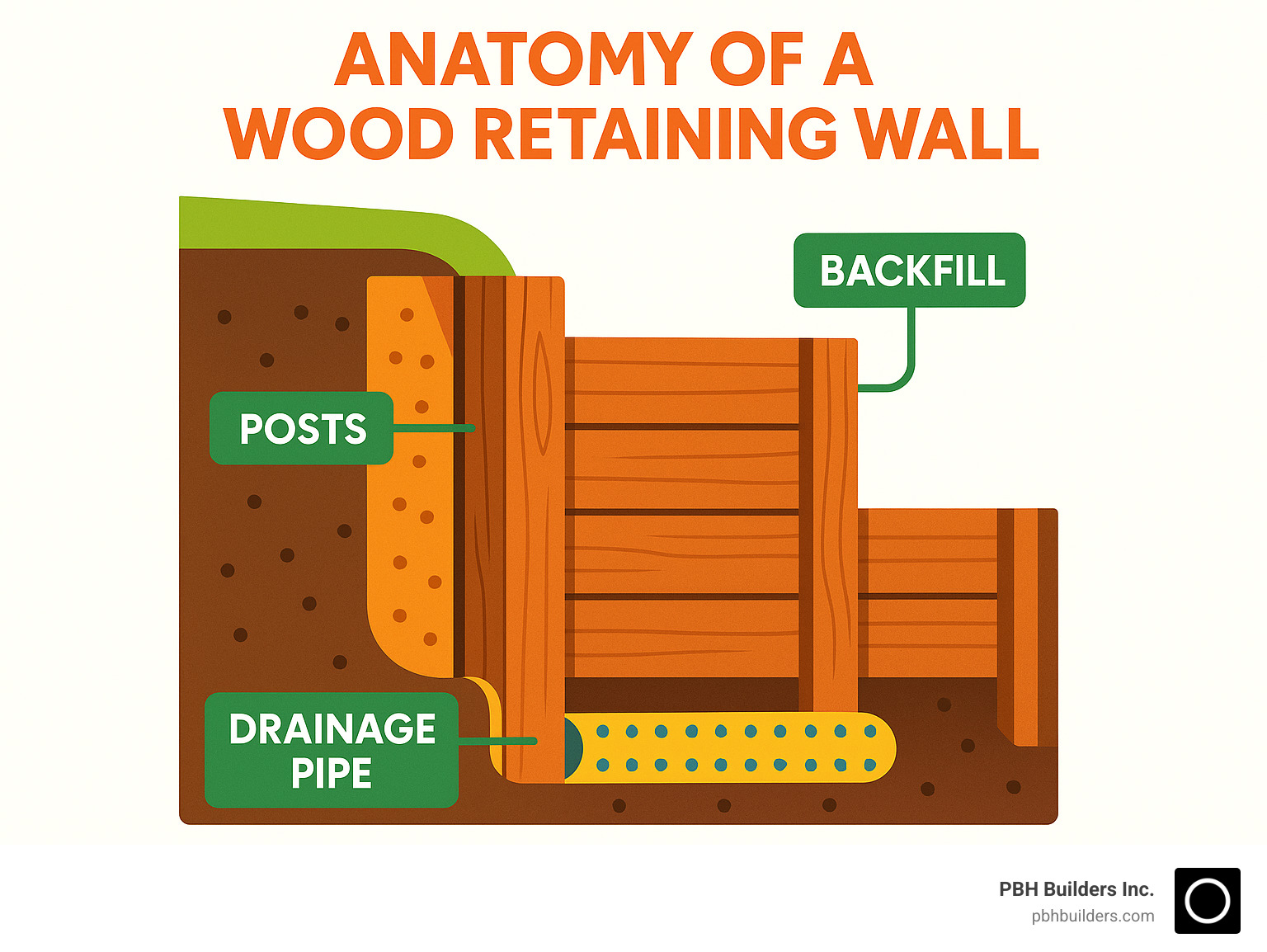 Anatomy of a wood retaining wall showing posts, planks, backfill, and drainage pipe - Wood retaining wall infographic 