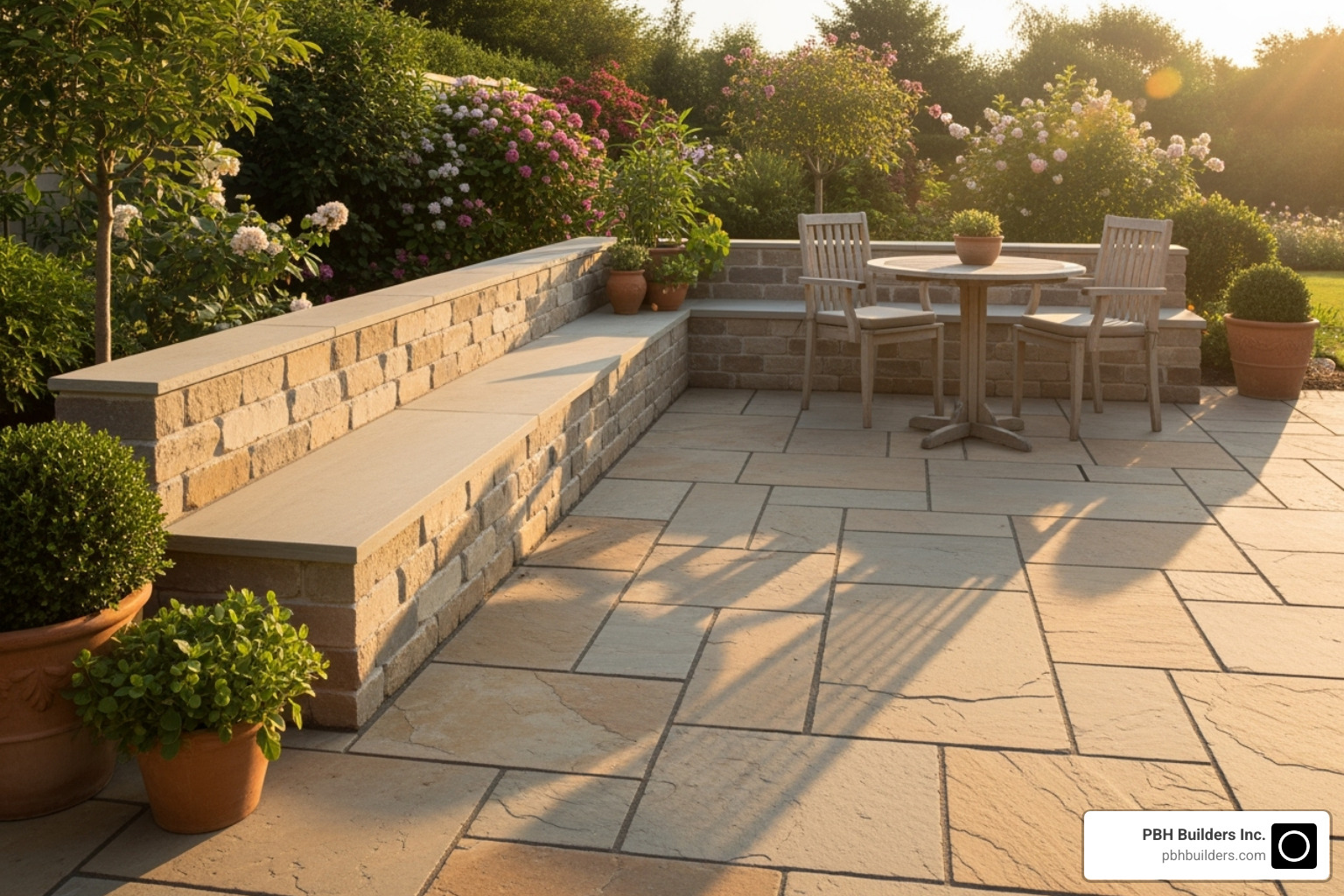 neat patio with natural stone pavers and a built-in seating wall - beautiful outdoor spaces