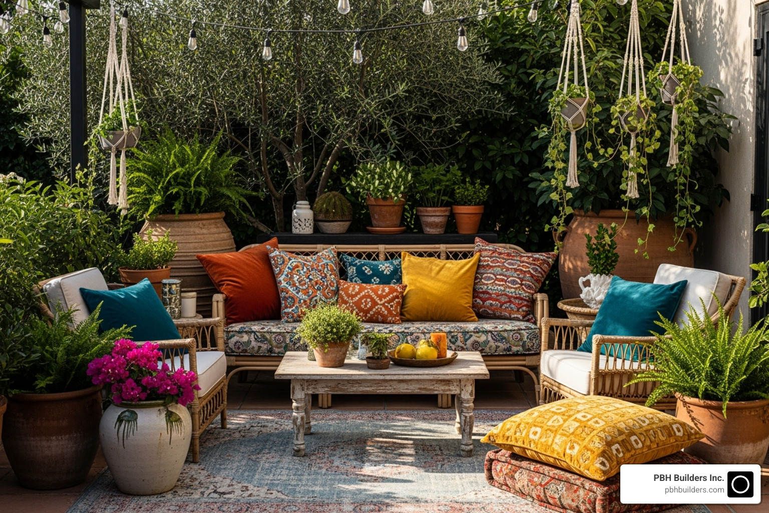 stylishly decorated patio with colorful cushions, an outdoor rug, and potted plants - beautiful outdoor spaces