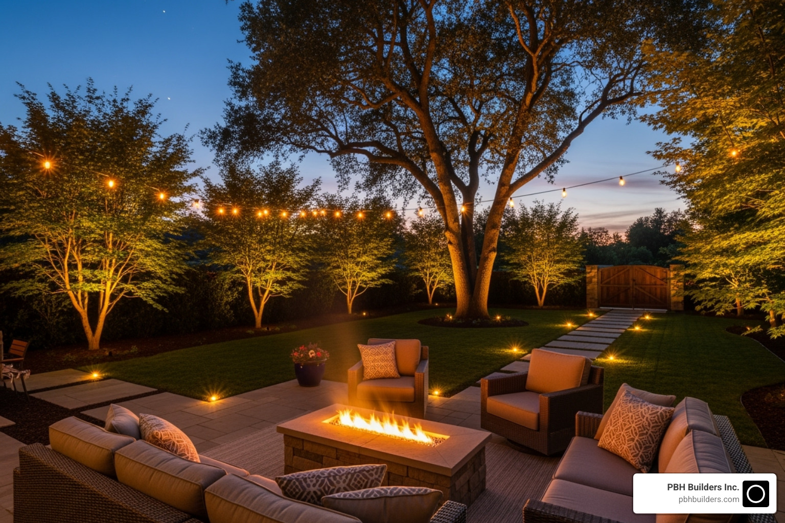 beautifully lit backyard at dusk, highlighting pathways, trees, and a seating area - beautiful outdoor spaces
