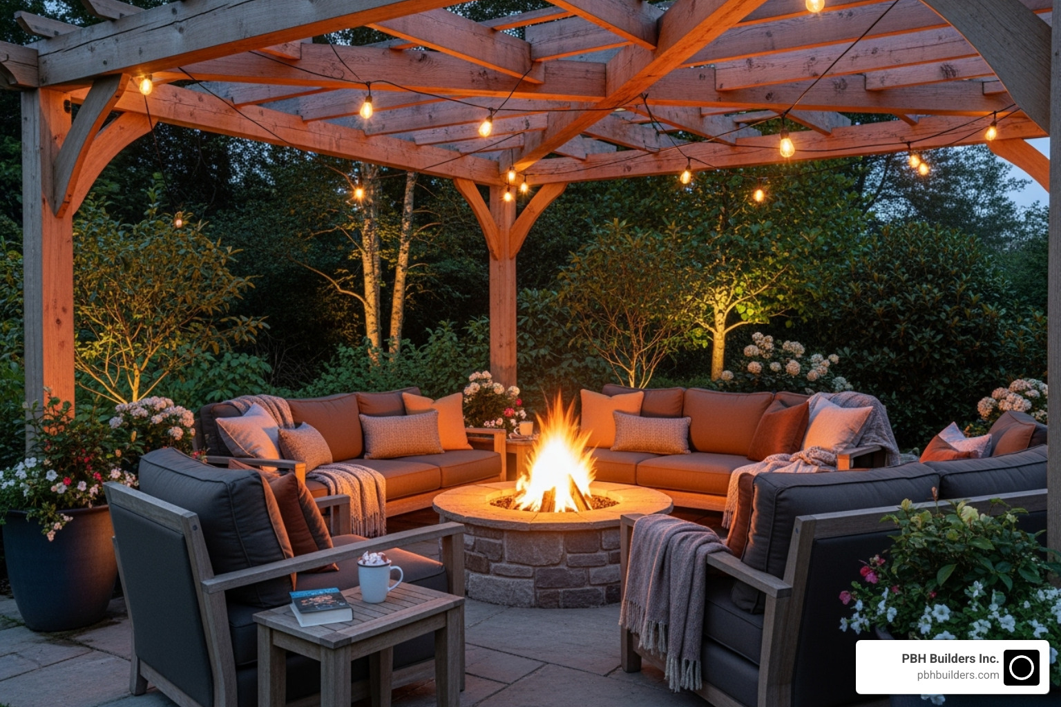 cozy fire pit area with comfortable seating under a wooden pergola - beautiful outdoor spaces