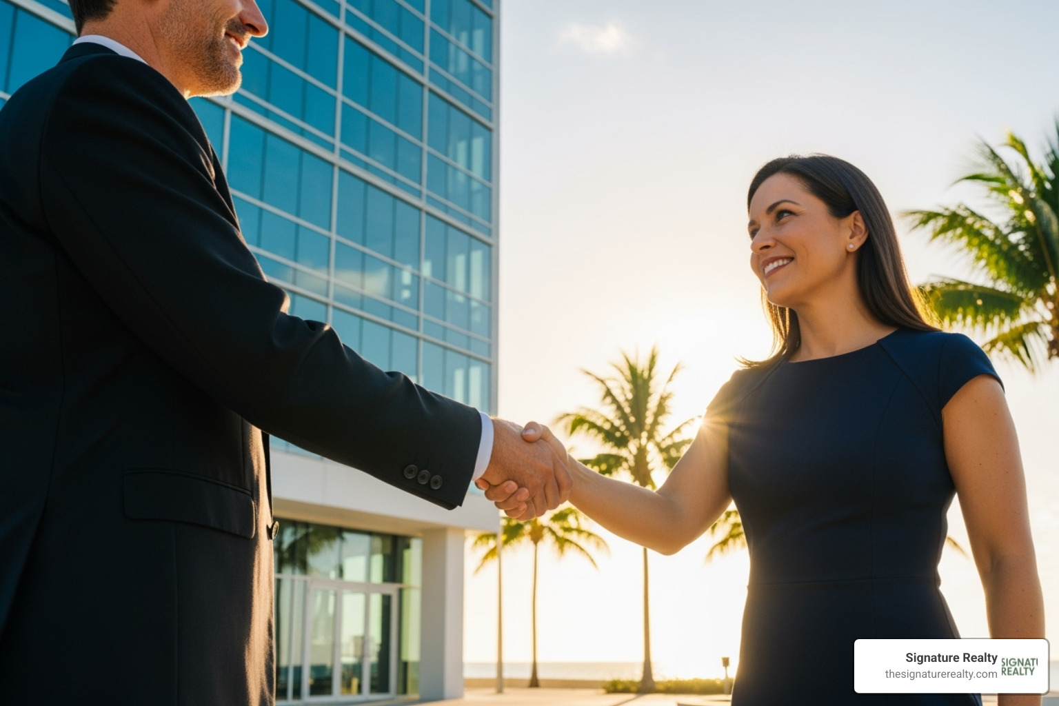 successful handshake in front of a commercial building in Miami - off-market commercial properties for sale successful handshake in front of a commercial building in Miami - off-market commercial properties for sale