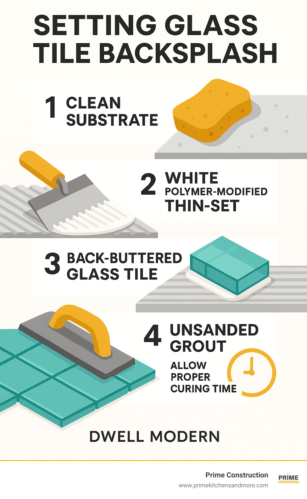 Detailed infographic showing glass tile installation layers: clean substrate preparation, white polymer-modified thin-set application with proper trowel technique, back-buttered glass tile placement, and unsanded grout finishing with proper curing times - setting glass tile backsplash infographic 
