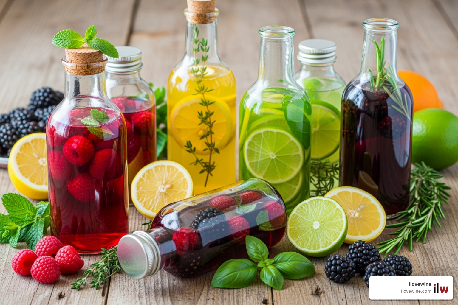 colorful homemade syrups in glass bottles with herbs and fruits - cocktail recipes colorful homemade syrups in glass bottles with herbs and fruits - cocktail recipes