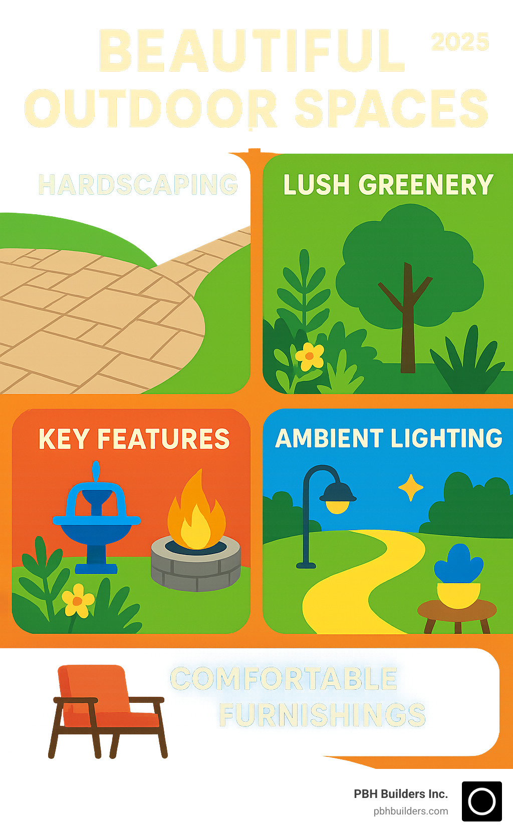 Infographic showing the 5 core elements of beautiful outdoor spaces: a foundation layer of hardscaping with patios and walkways, a second layer of lush greenery with varied plants and trees, key focal features including water fountains and fire pits, ambient lighting throughout pathways and seating areas, and comfortable weather-resistant furnishings and decor - beautiful outdoor spaces infographic 