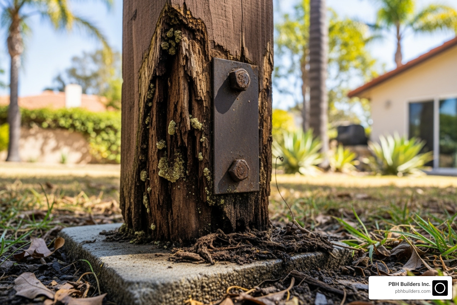 A pergola post with visible wood rot at the base - Pergola repair San Diego