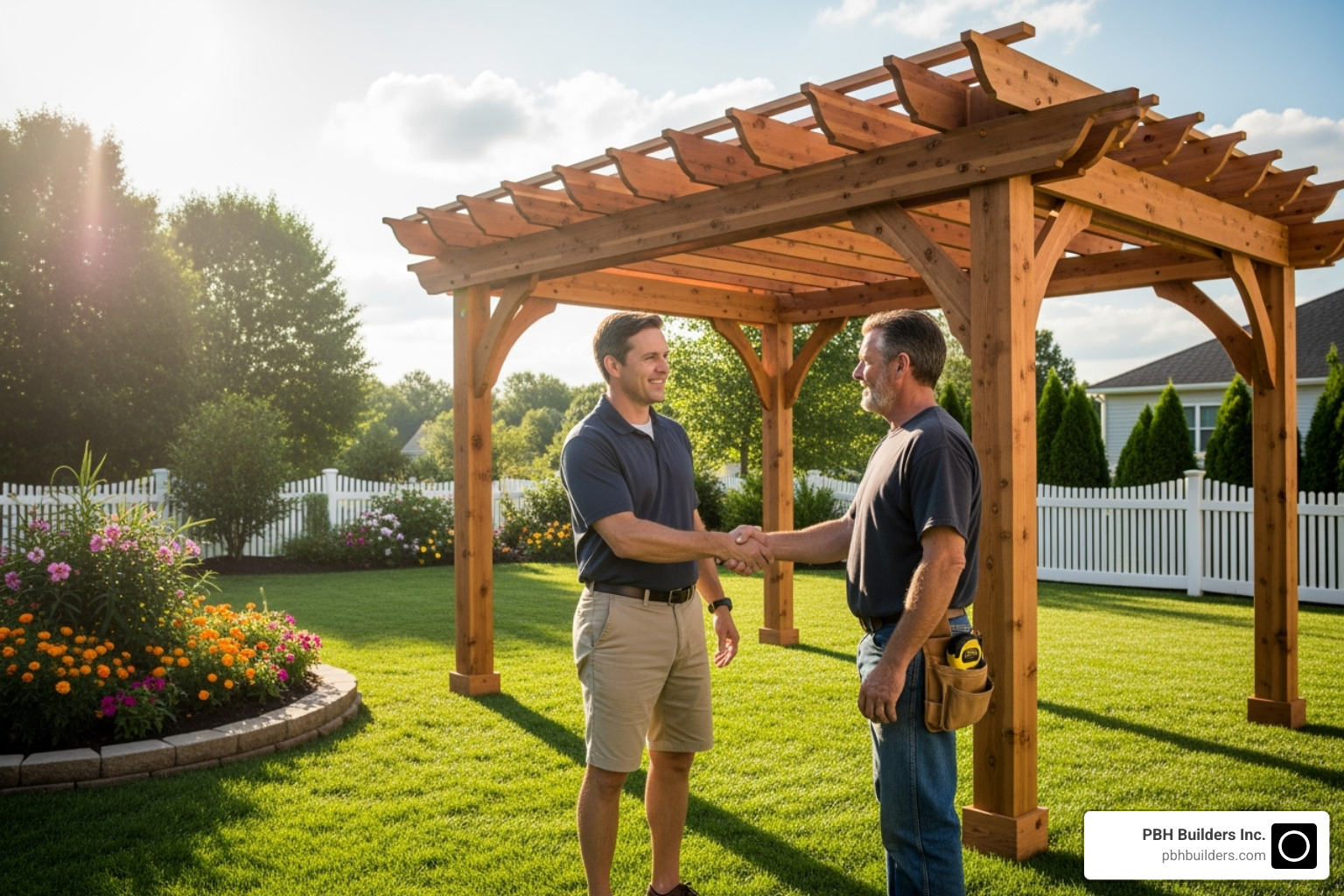 A homeowner shaking hands with a contractor in front of a finished pergola - Pergola repair San Diego