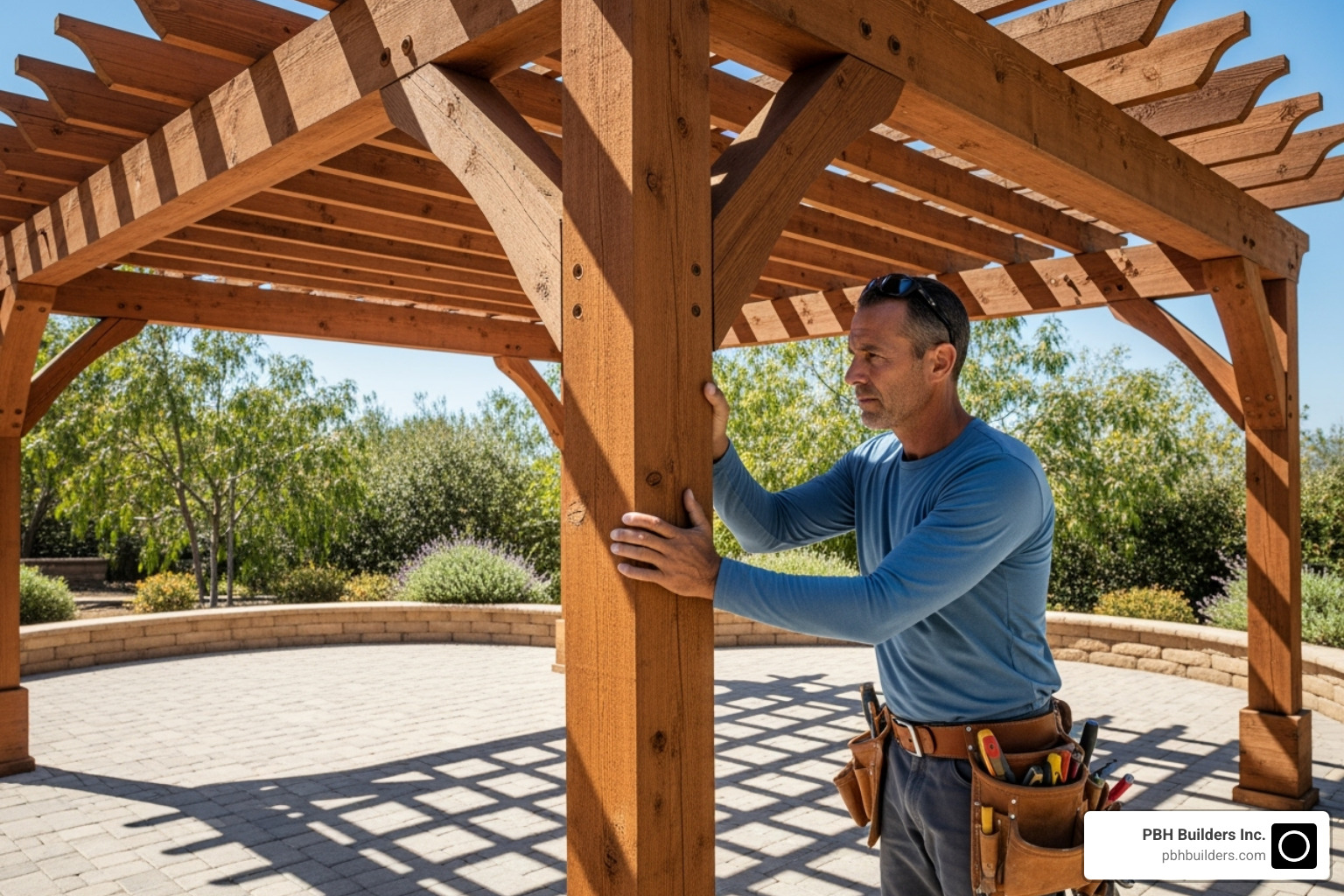 A professional contractor inspecting a pergola's structural integrity - Pergola repair San Diego