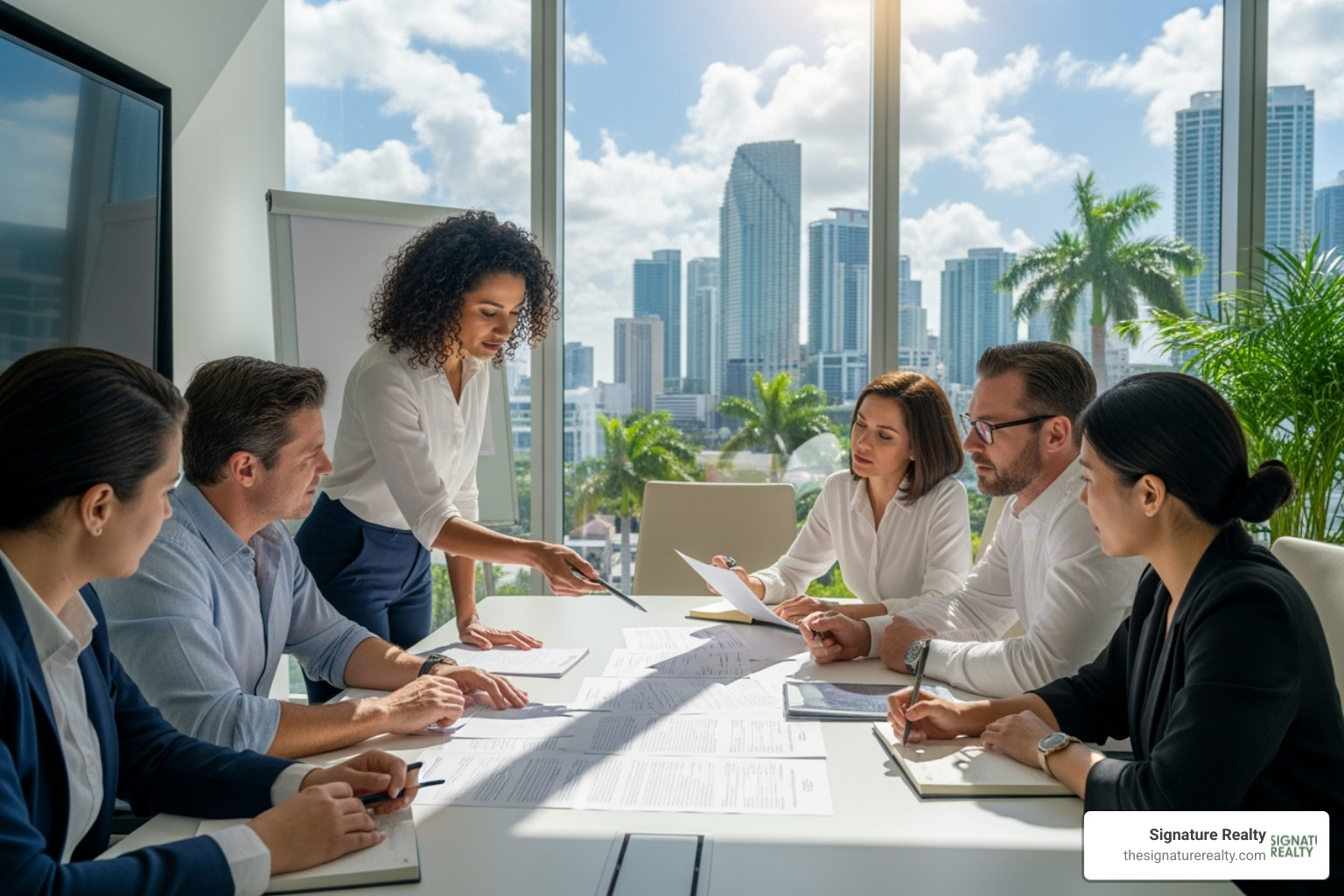diverse business team reviewing a lease document in a conference room overlooking the Miami skyline - commercial lease negotiation tips diverse business team reviewing a lease document in a conference room overlooking the Miami skyline - commercial lease negotiation tips