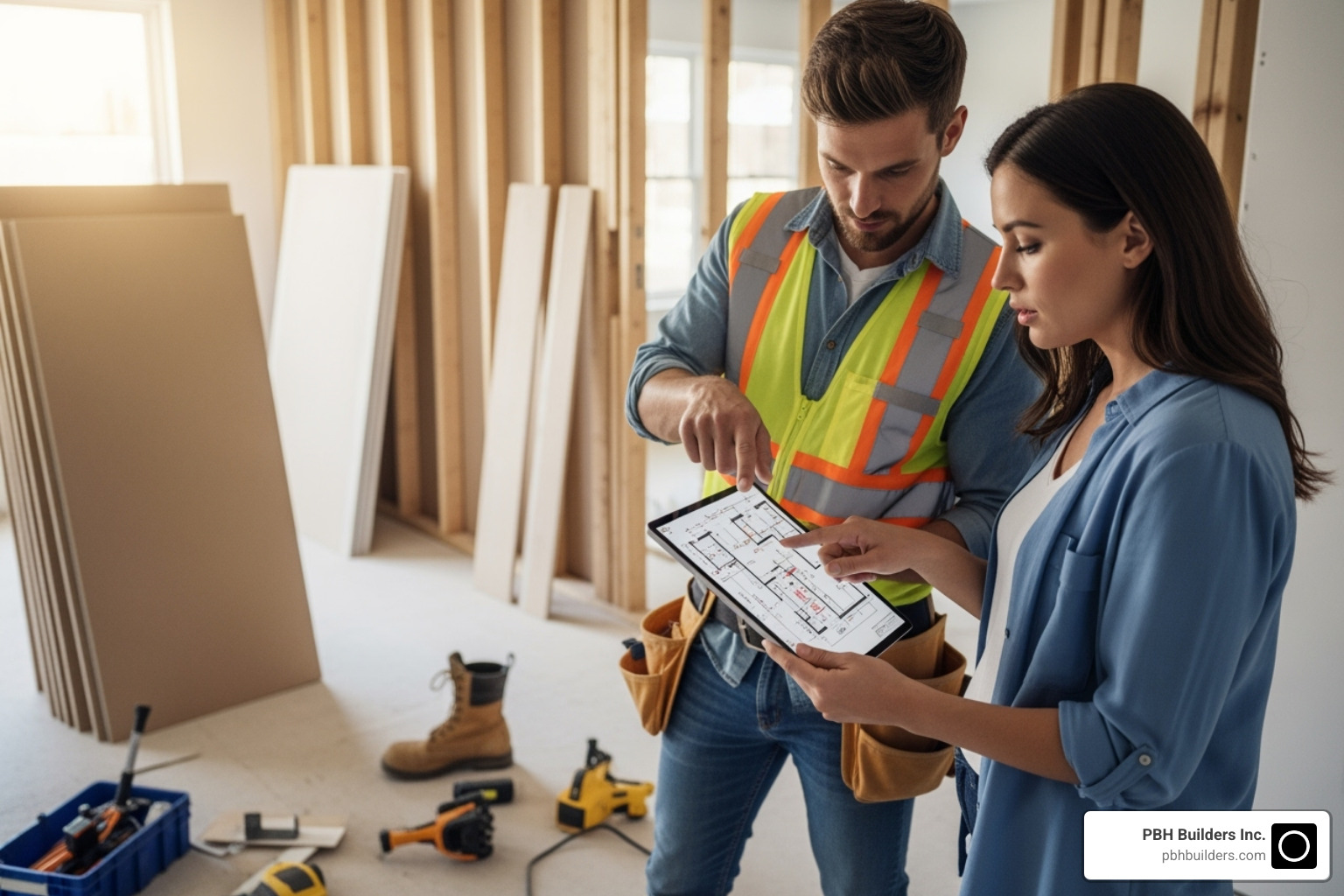 A contractor and homeowner reviewing plans on a tablet, pointing to details - Home Remodeling San Diego