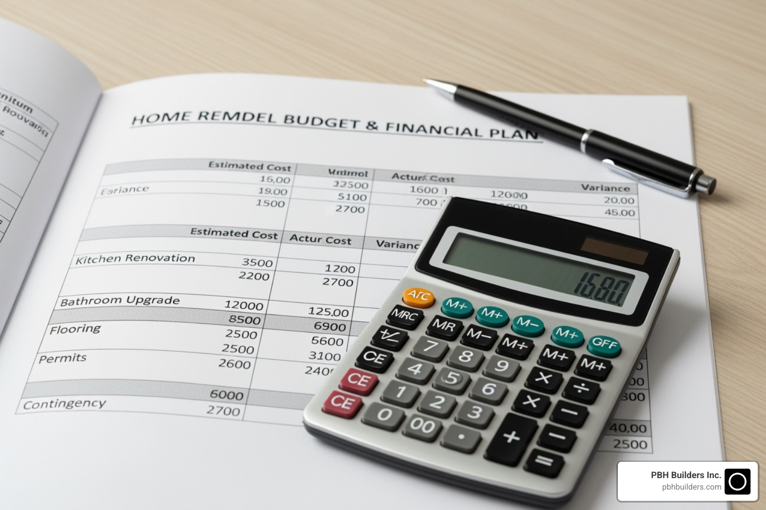 A financial planning document for a home remodel with a calculator and pen - Home Remodeling San Diego