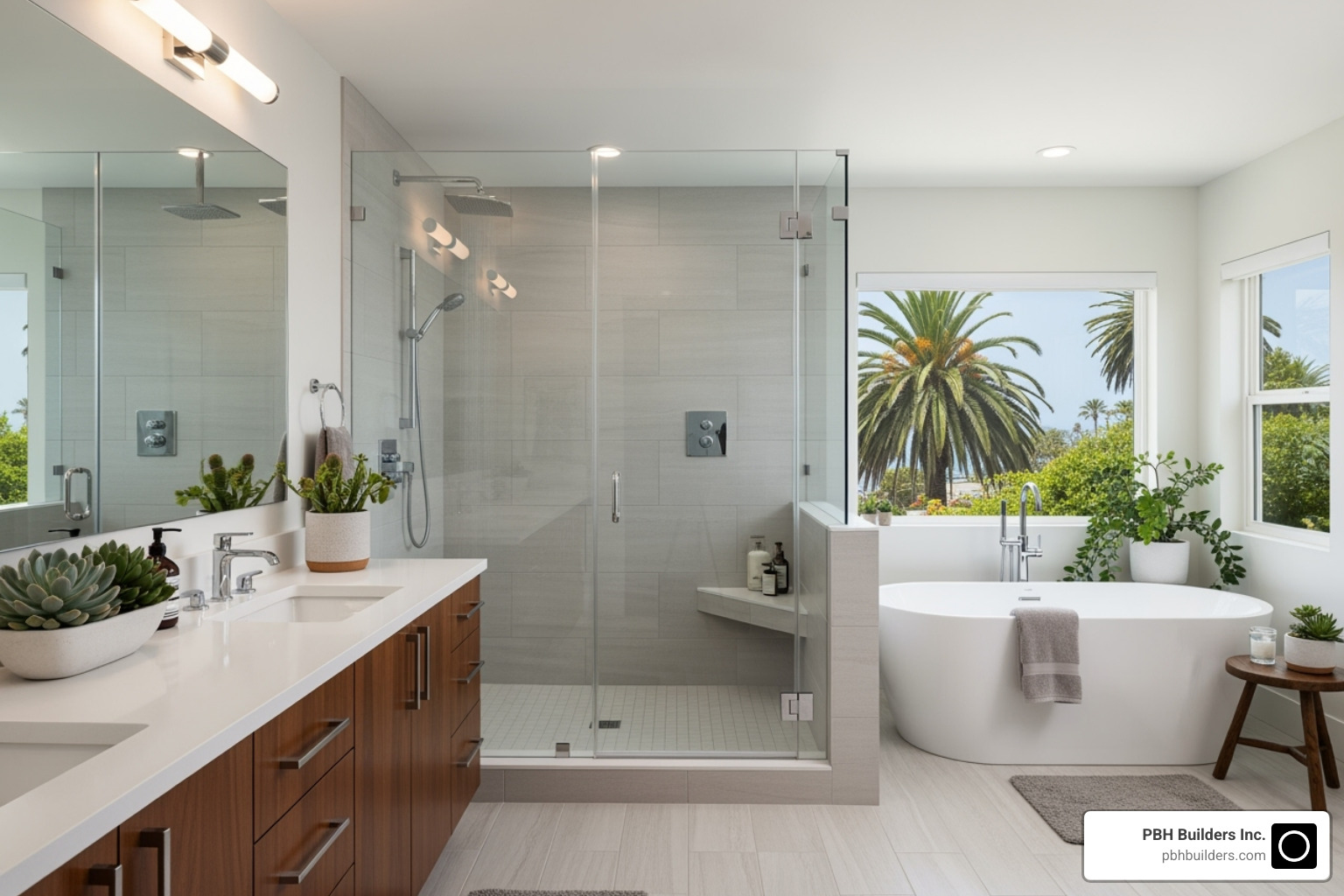 A modern San Diego bathroom with a spacious walk-in shower and natural light - Home Remodeling San Diego