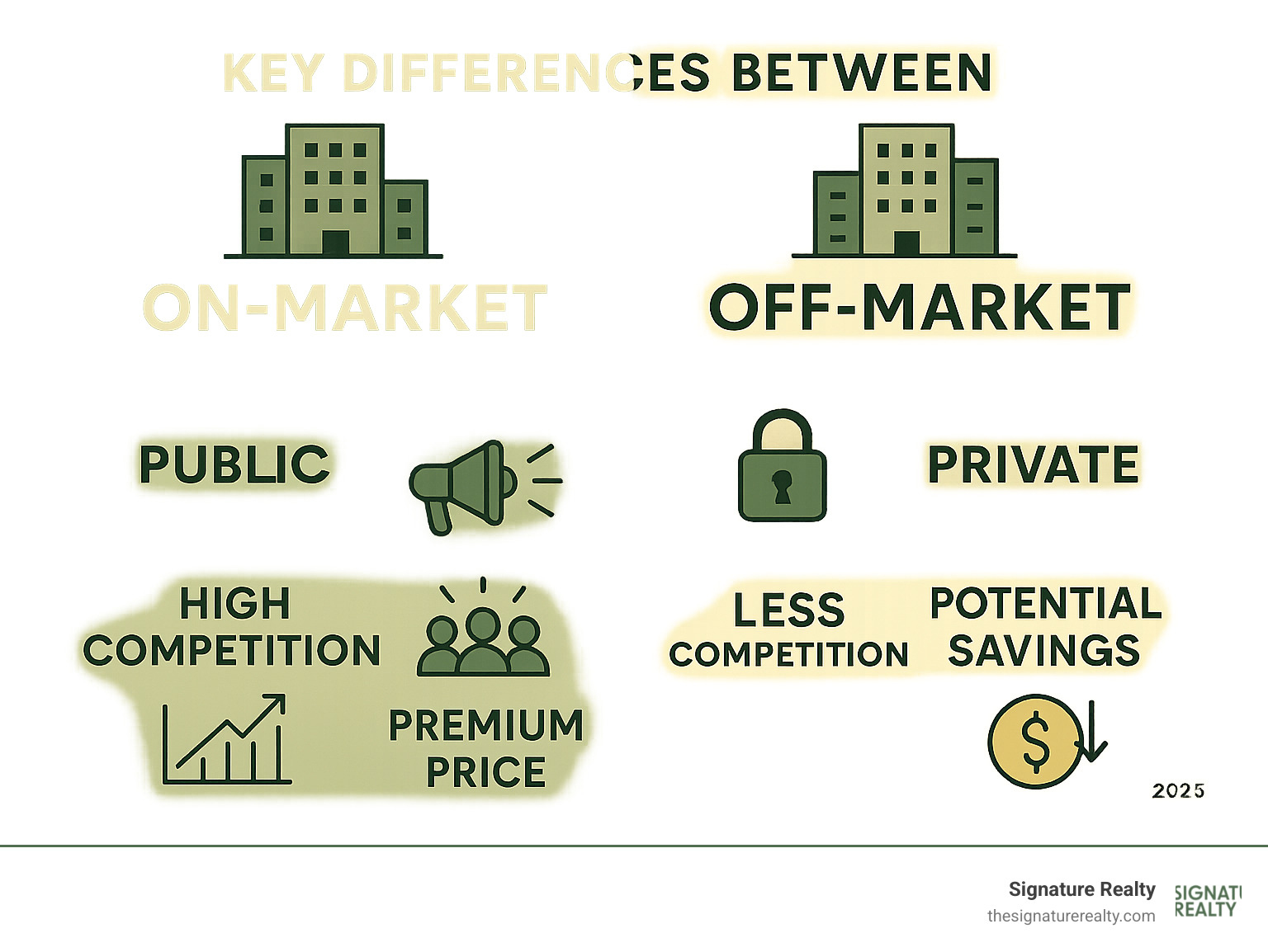 Key differences between on-market (public, high competition, premium price) and off-market (private, less competition, potential savings) commercial real estate transactions. - off-market commercial properties for sale infographic 