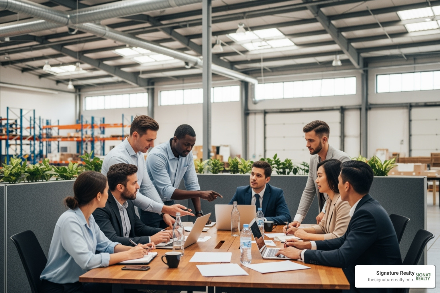 business team collaborating in a modern office space within a warehouse - Warehouse for rent Broward business team collaborating in a modern office space within a warehouse - Warehouse for rent Broward