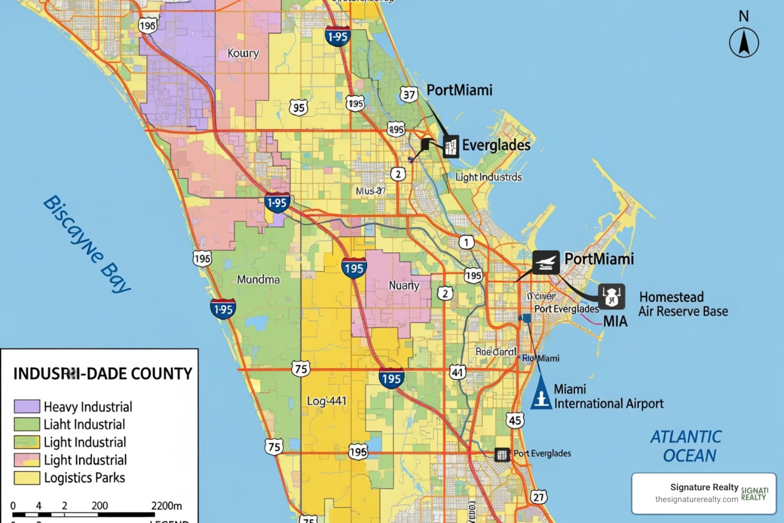 map highlighting key industrial zones and transport links in Miami-Dade County - Warehouse for rent Broward map highlighting key industrial zones and transport links in Miami-Dade County - Warehouse for rent Broward