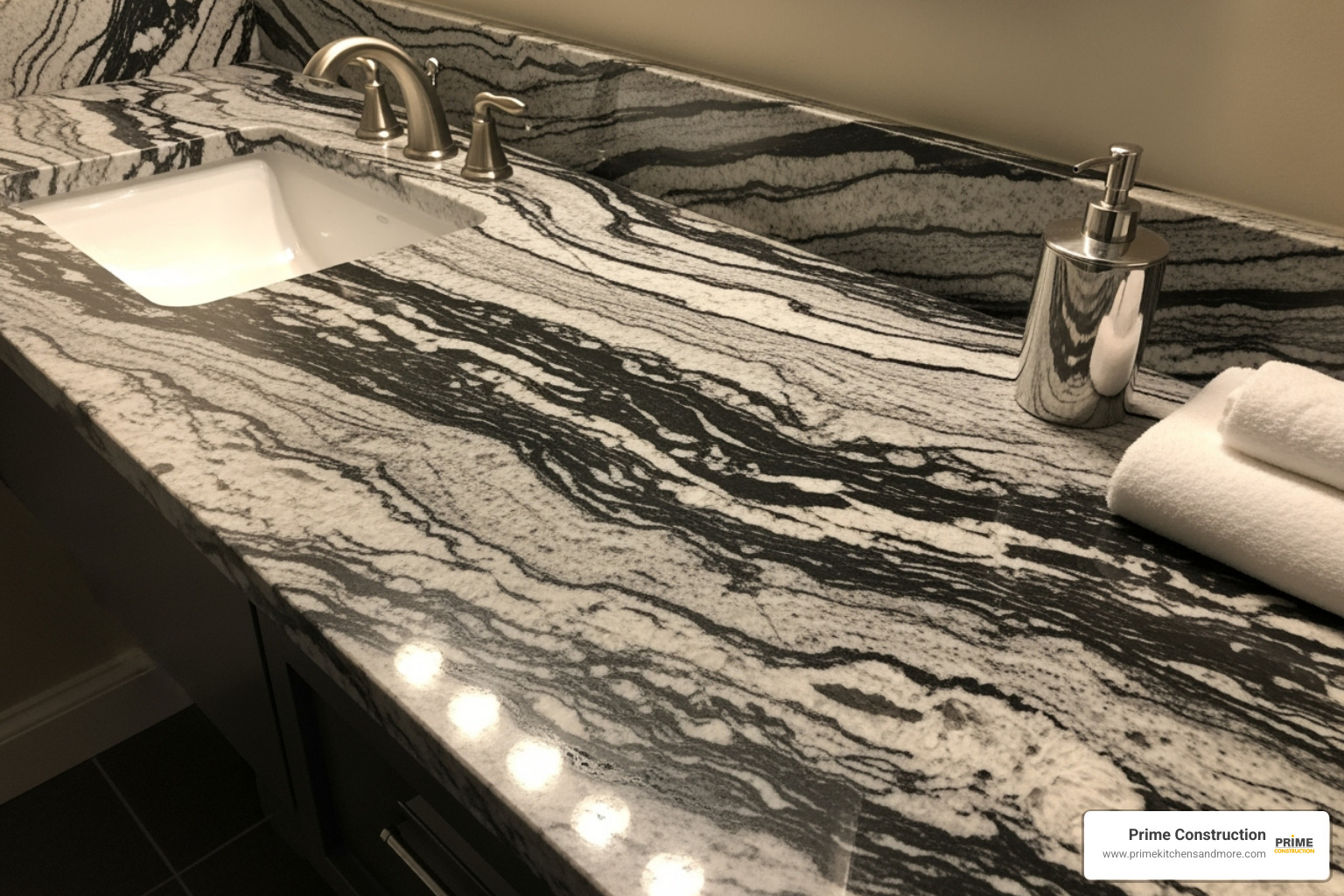 a granite bathroom countertop with intricate veining - bathroom countertops orlando