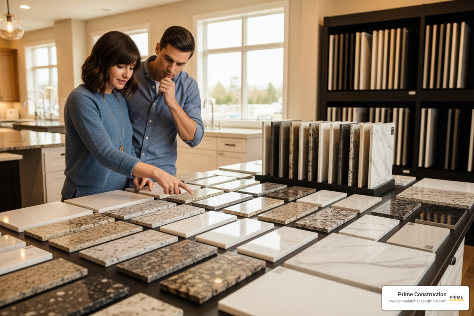 a homeowner reviewing countertop samples in a showroom - bathroom countertops orlando
