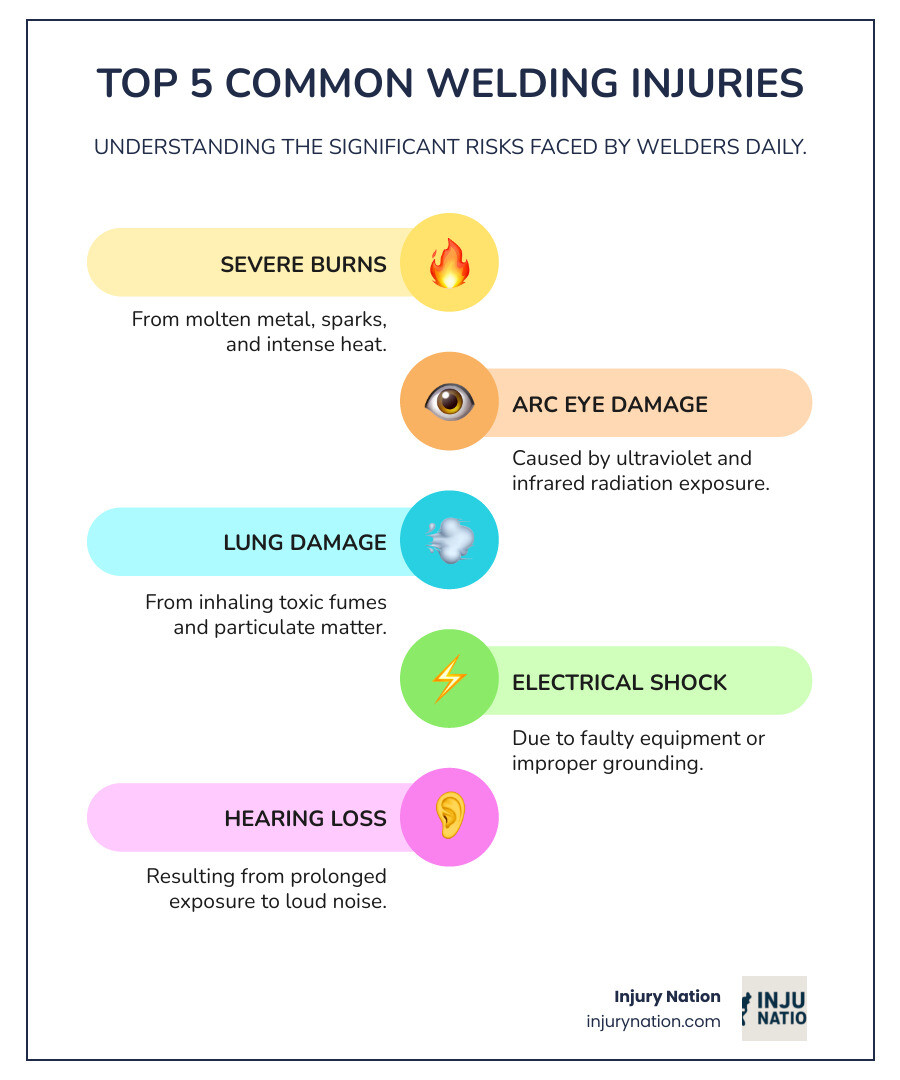Infographic showing the top 5 most common welding injuries: severe burns from molten metal and flames, arc eye damage from ultraviolet radiation exposure, lung damage from toxic fume inhalation, electrical shock and electrocution from faulty equipment, and hearing loss from prolonged noise exposure, with statistics showing welding accidents cause 25% of workplace fatalities and one-third of work-related amputations - welding accident lawyer infographic infographic-line-5-steps-colors