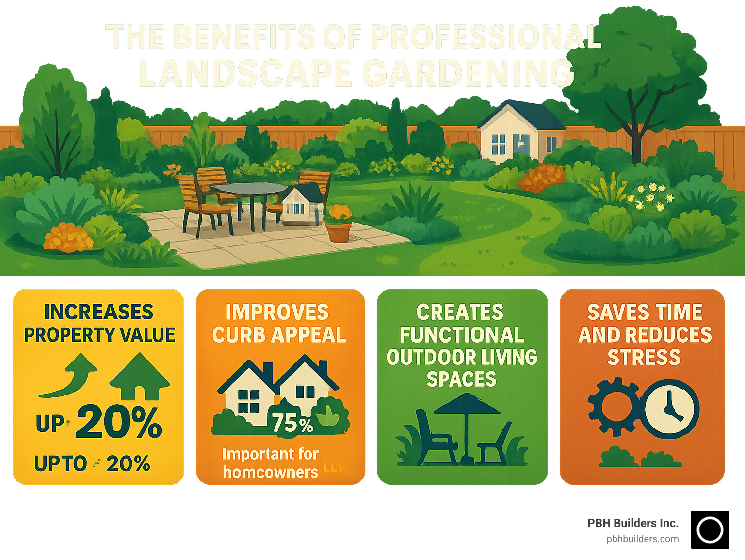 Infographic detailing the key benefits of professional landscape gardening, including increased property value (up to 20%), improved curb appeal (important for 75% of homeowners), creation of functional outdoor living spaces, and time/stress savings for the homeowner - landscape gardeners infographic 