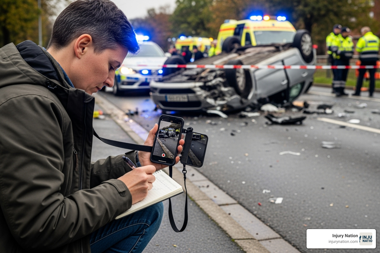 person writing notes and taking photos with a smartphone at an accident scene - welding accident lawyer
