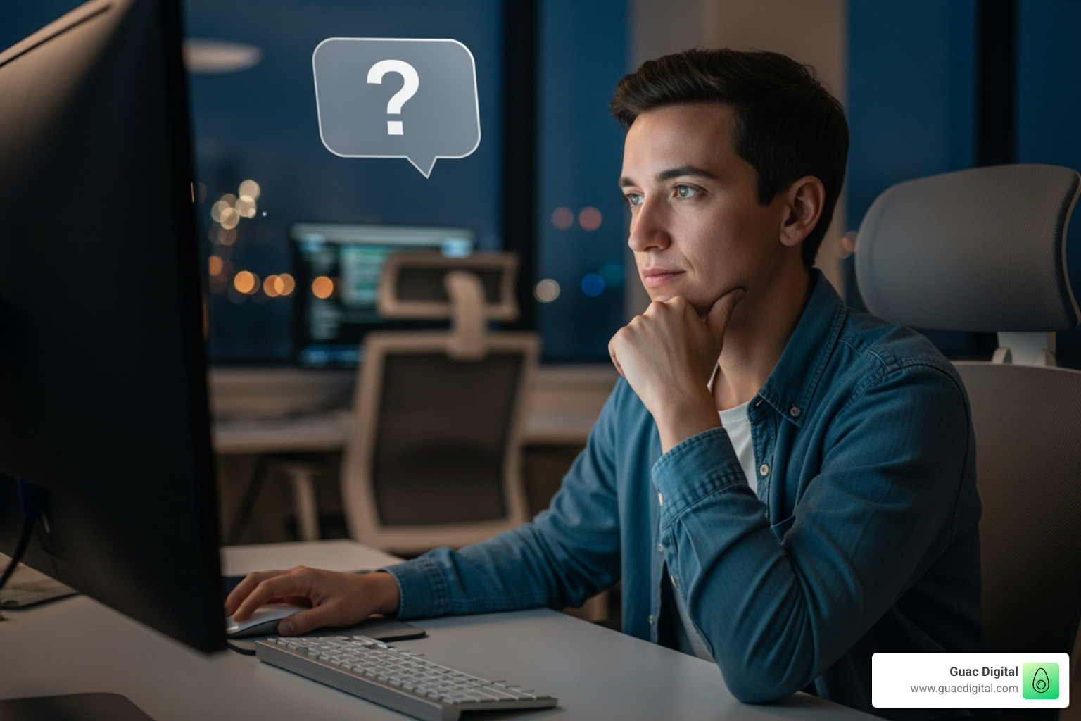 Person thoughtfully looking at a computer screen with a question mark overlay - blog seo