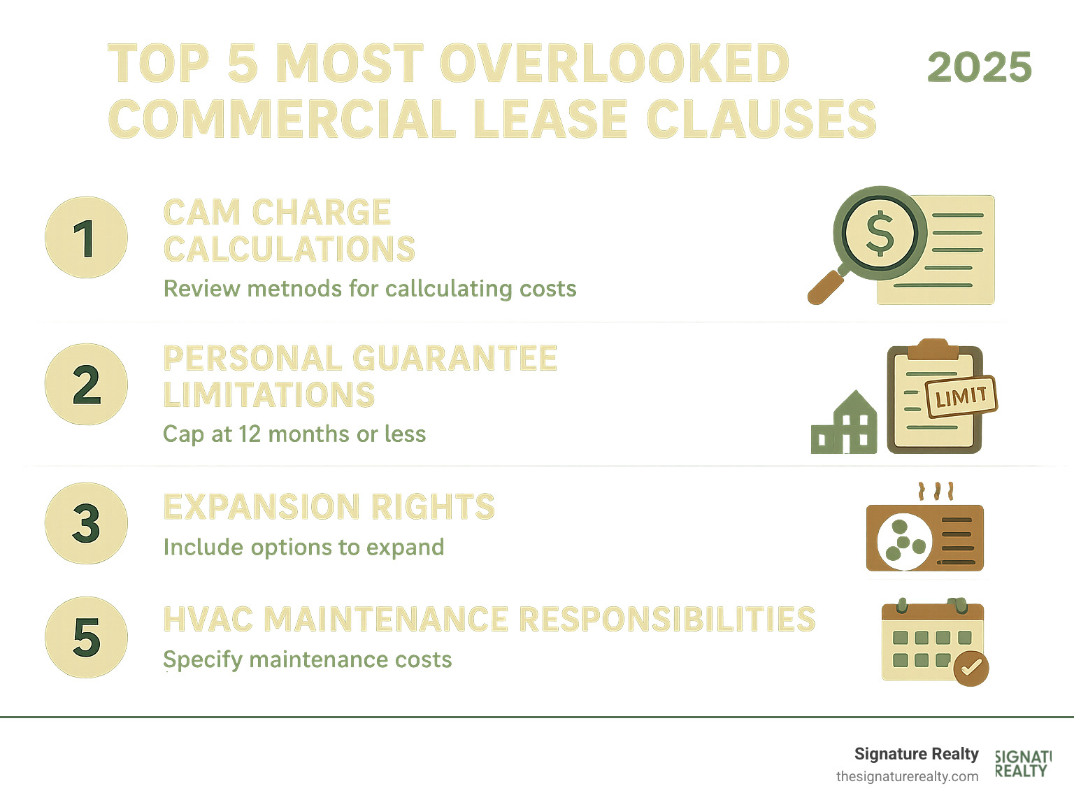 Infographic showing the top 5 most overlooked commercial lease clauses including CAM charge calculations, personal guarantee limitations, expansion rights, HVAC maintenance responsibilities, and lease termination notice periods with specific costs and timeframes for Miami market - commercial lease negotiation tips infographic Infographic showing the top 5 most overlooked commercial lease clauses including CAM charge calculations, personal guarantee limitations, expansion rights, HVAC maintenance responsibilities, and lease termination notice periods with specific costs and timeframes for Miami market - commercial lease negotiation tips infographic