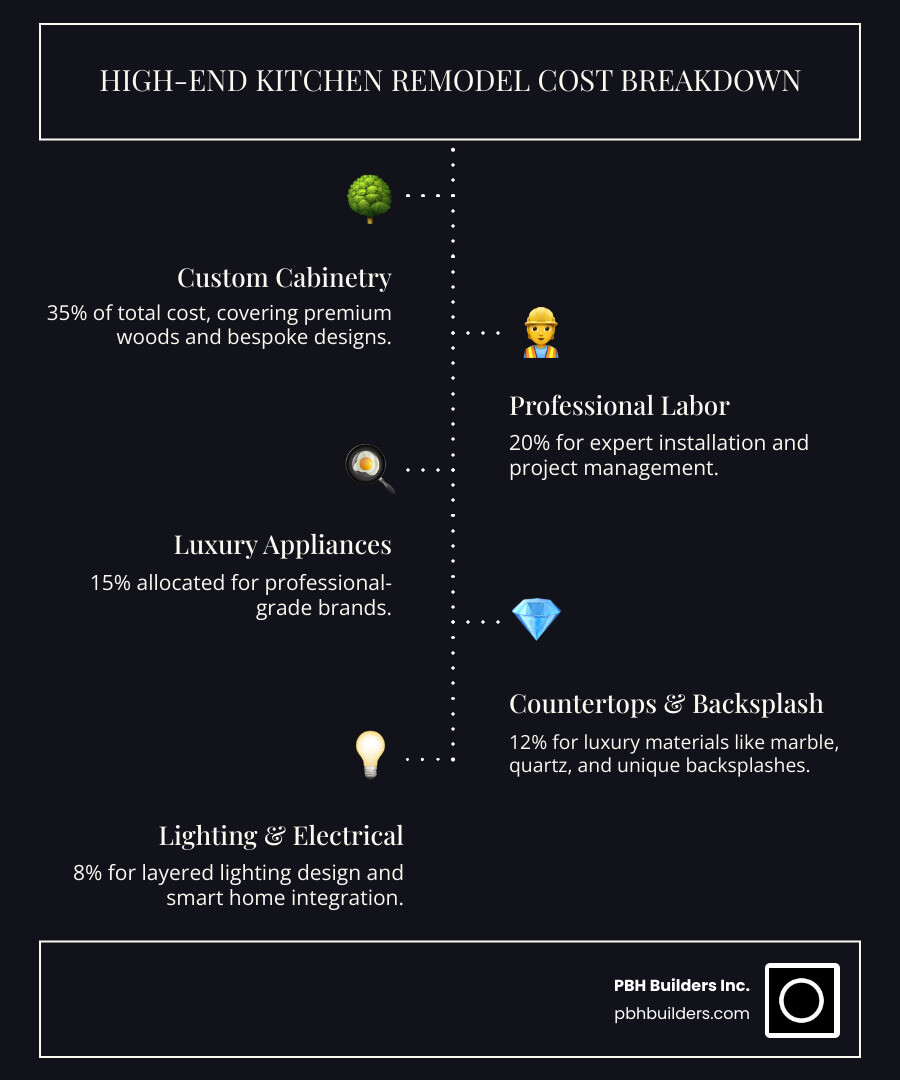 Infographic showing high-end kitchen remodel cost breakdown: 35% custom cabinetry and millwork, 20% professional labor and installation, 15% luxury appliances, 12% countertops and backsplash materials, 8% lighting and electrical work, 5% plumbing and fixtures, 5% miscellaneous finishes and hardware - High end kitchen remodeling infographic infographic-line-5-steps-dark